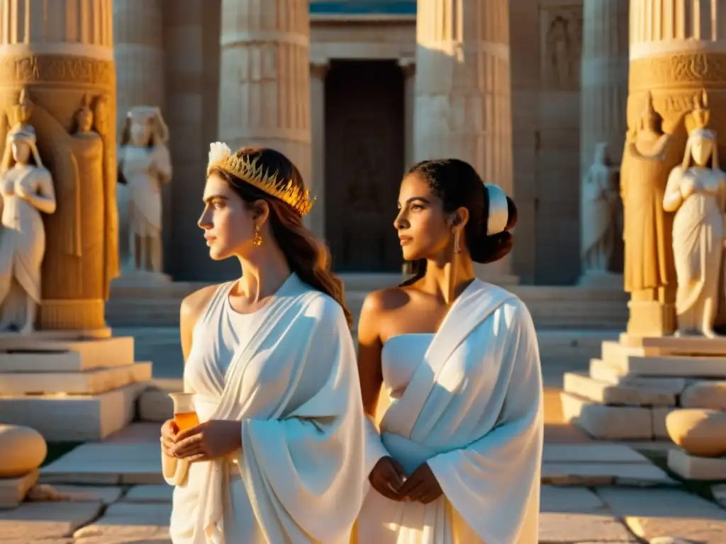 En la imagen, dos sacerdotisas griegas antiguas realizan un ritual sagrado frente a un majestuoso templo al atardecer