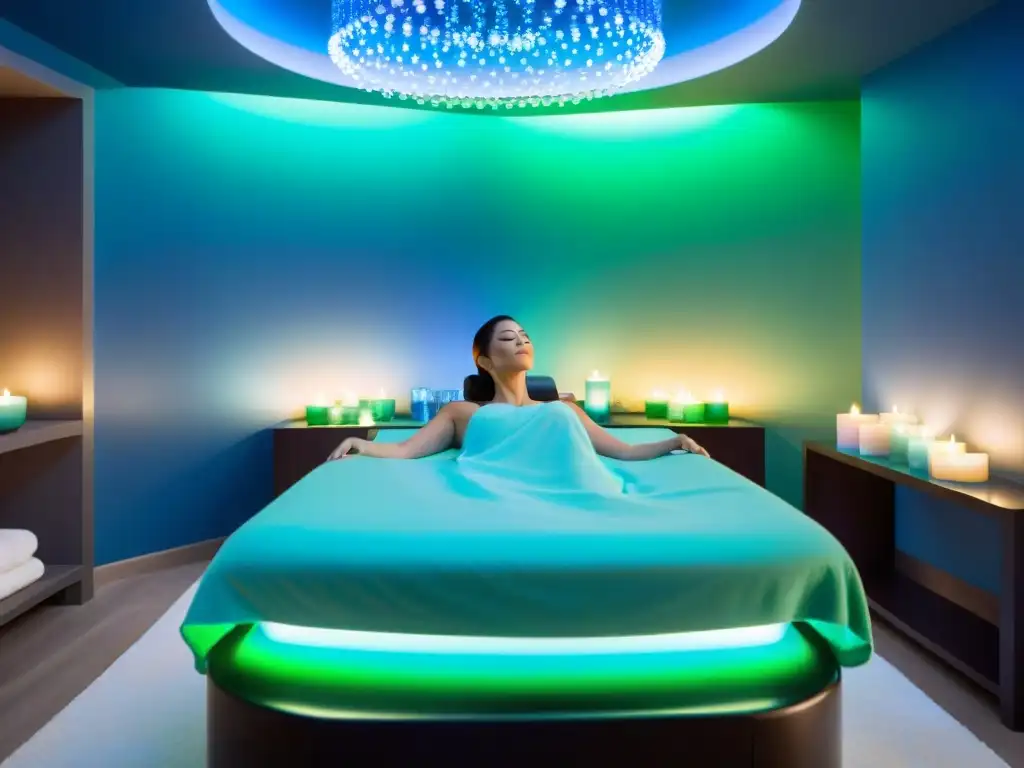 Imagen de una sala de spa tranquila con terapia de color para mejorar, decorada en tonos azules y verdes con luces coloridas