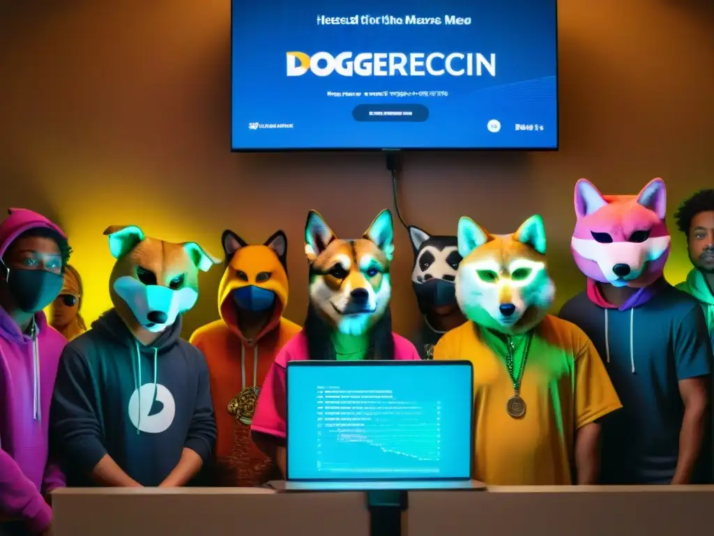 Una imagen surrealista de personas con máscaras de perro y atuendos excéntricos, rodeando una pantalla con gráficos de criptomonedas