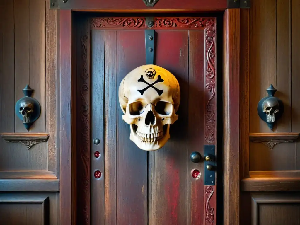 La imagen muestra una vieja puerta de madera con la inscripción de Calavera y Huesos rodeada de sellos de cera roja y símbolos misteriosos