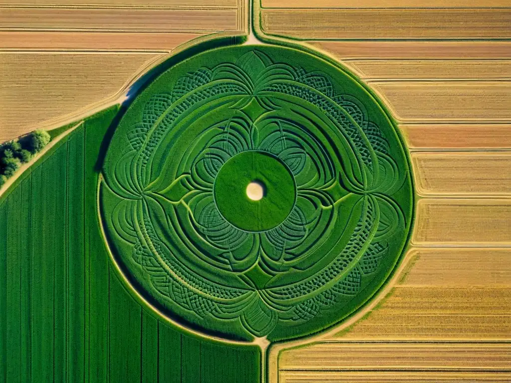 Impactante diseño de crop circle en un campo verde bajo cielo azul