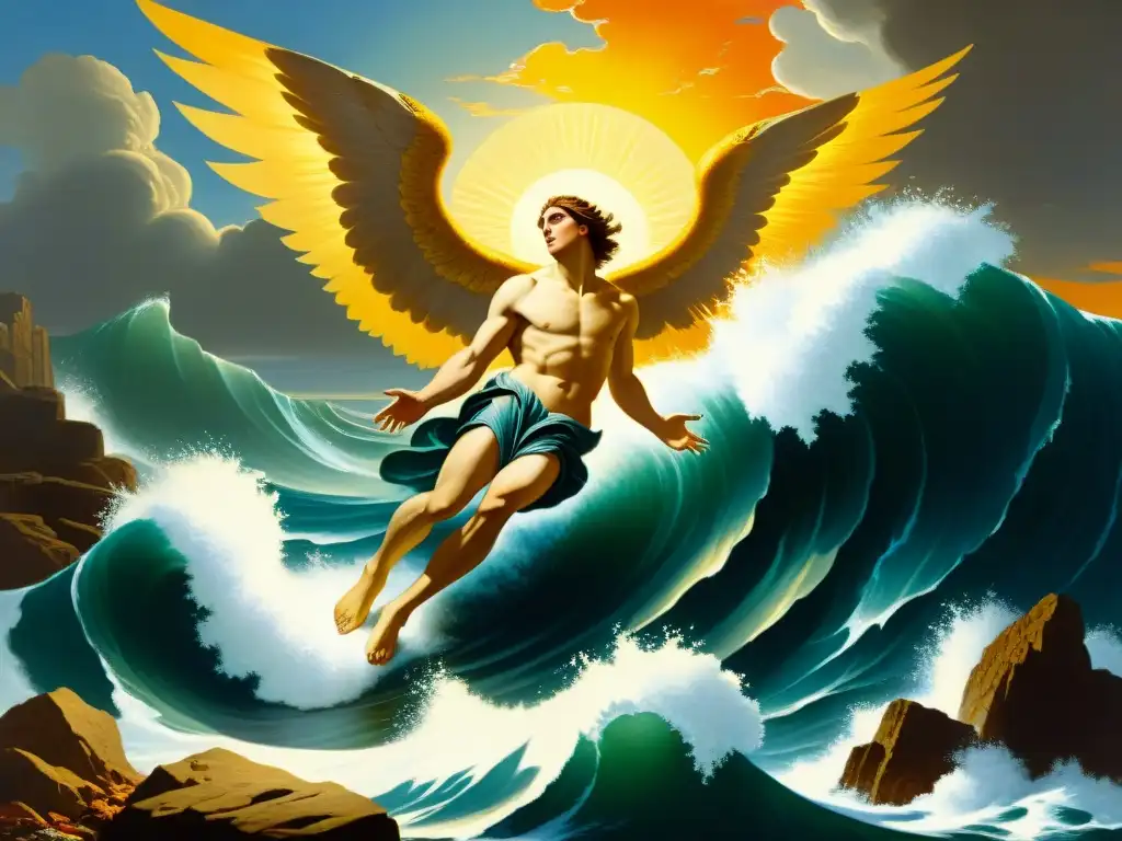 Ícaro cayendo: pintura clásica detallada y emotiva La impactante pintura de Ícaro cayendo del cielo, sus alas fundiéndose, refleja el simbolismo del vuelo en el arte