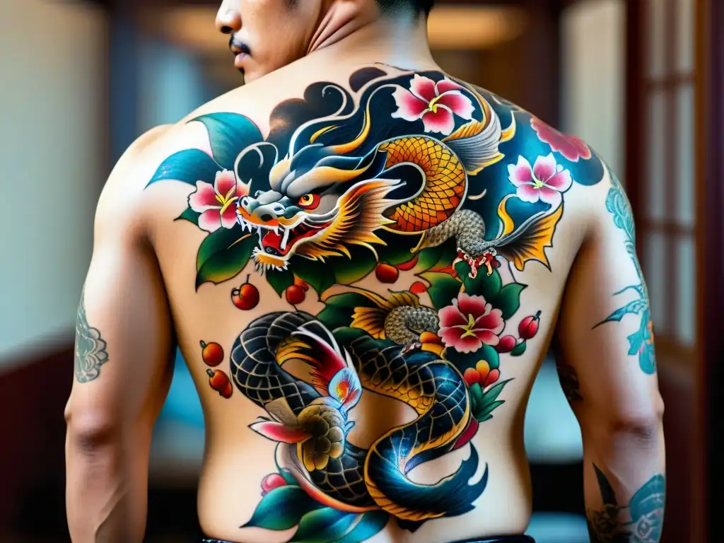 Impactante tatuaje Yakuza con dragones, peces koi y flores de cerezo