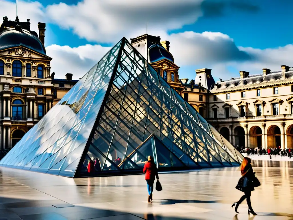 Imponente arquitectura del Museo del Louvre en París, con su pirámide de vidrio y visitantes bajo un cielo dramático