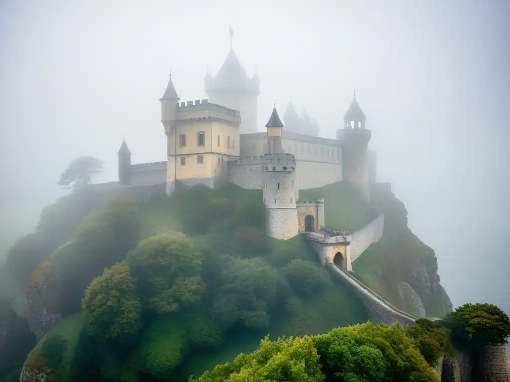 Imponente castillo en la niebla, con aura misteriosa