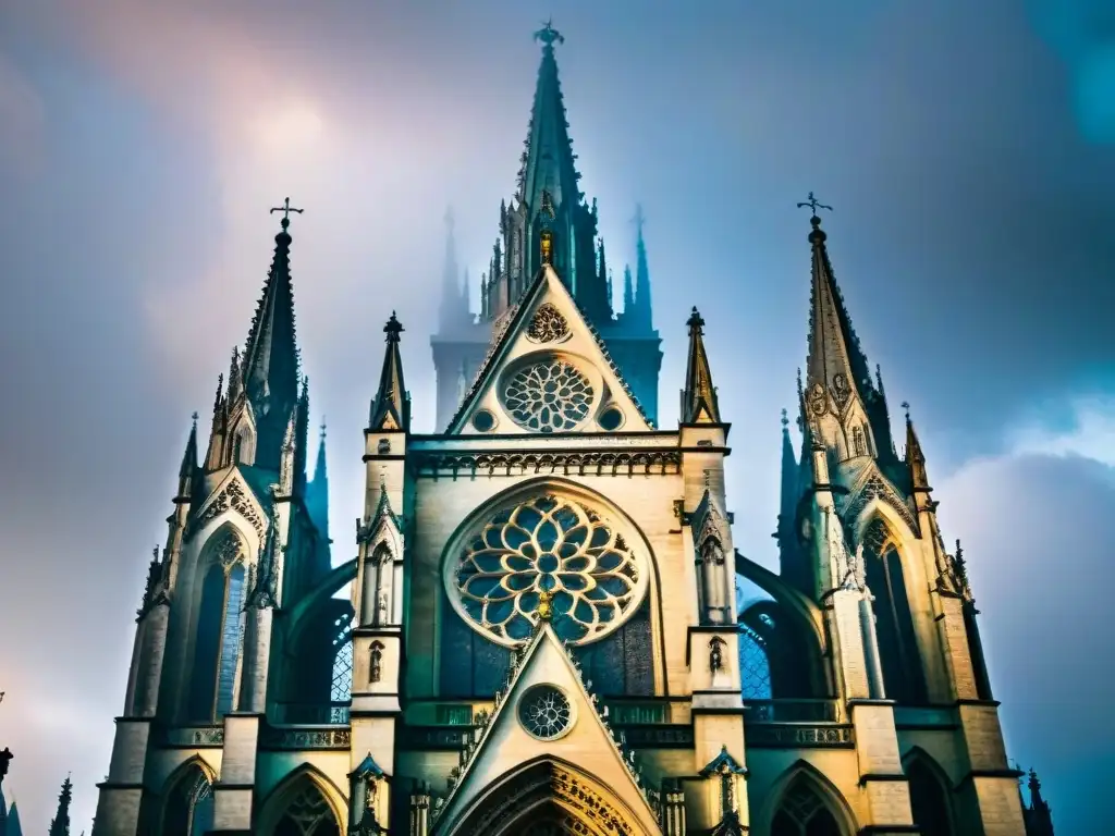 Imponente catedral gótica envuelta en misterio, con detalles de gargolas y luz etérea, evocando un arte fusionar gótico de Arthur Machen