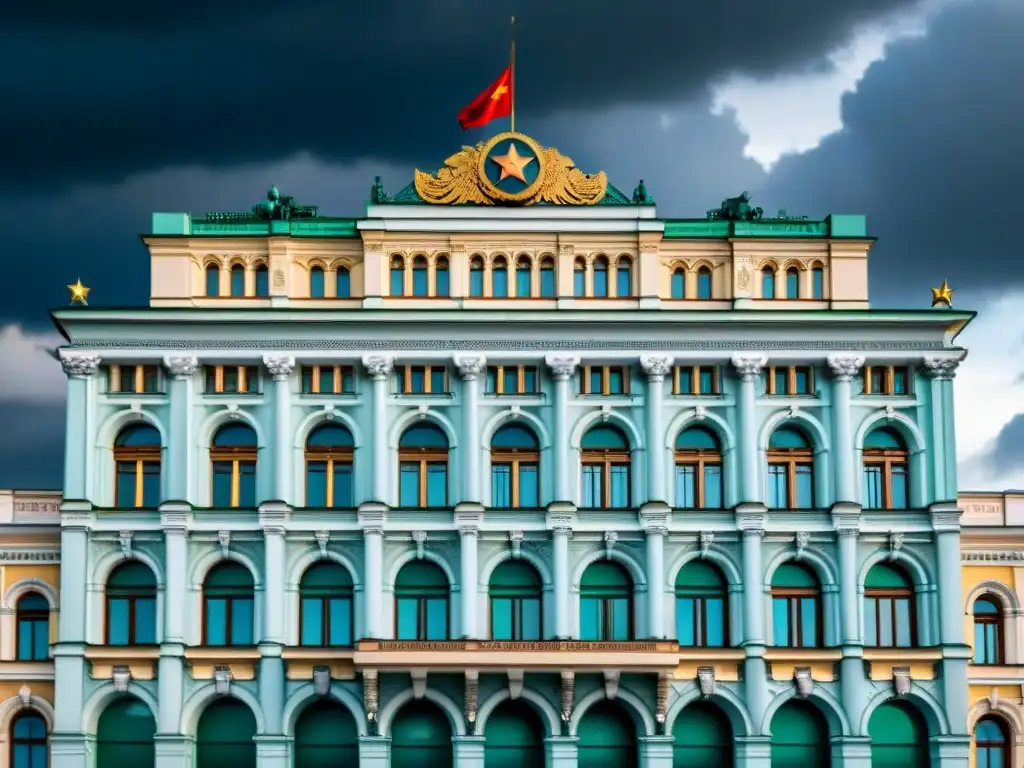 Imponente edificio Lubyanka en Moscú, con símbolos soviéticos y aura de secreto