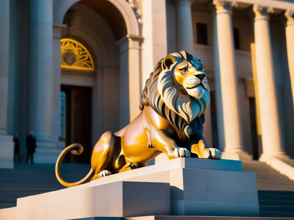 Imponente estatua de león con símbolos de control en iconografía, bañada por la cálida luz del atardecer frente a un majestuoso edificio gubernamental