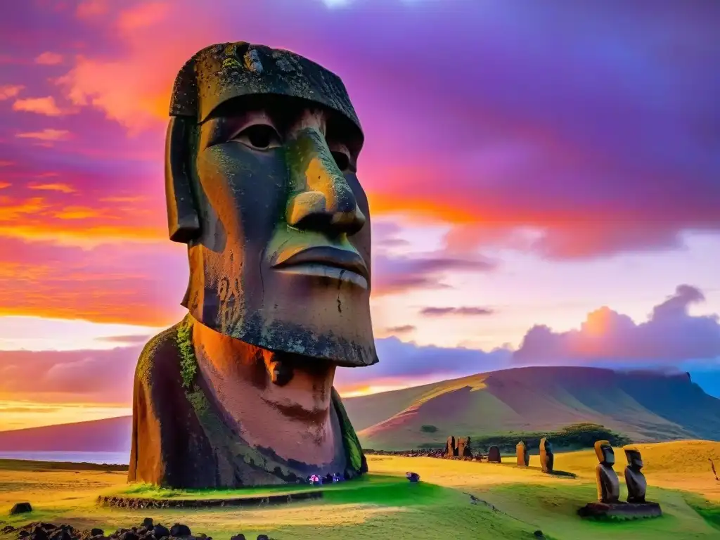 Imponente Moai en la Isla de Pascua al atardecer, evocando sociedades secretas en la historia