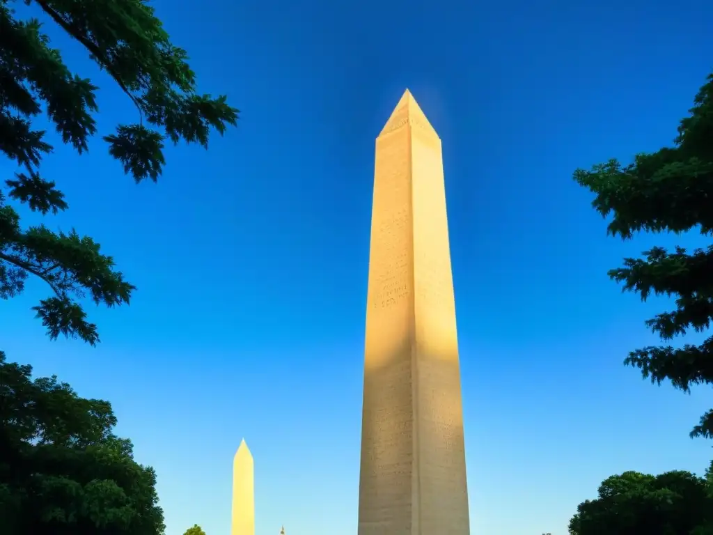 El imponente Monumento a Washington destaca contra un cielo azul, revelando su simbología oculta