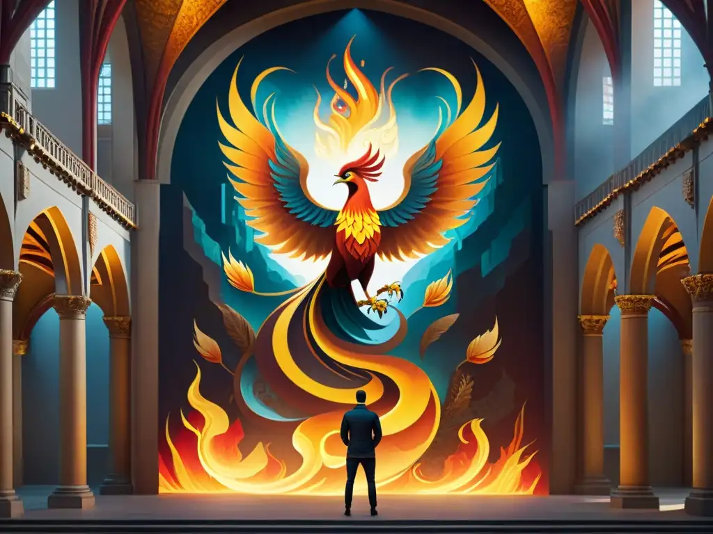 Imponente mural en catedral iluminada débilmente, representando fénix mítico en llamas doradas