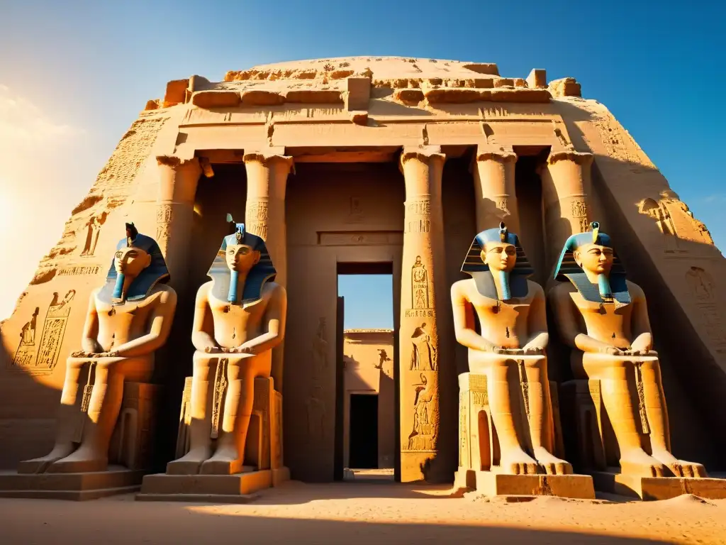 Imponente templo egipcio bañado por la luz dorada del atardecer, con intrincadas inscripciones jeroglíficas