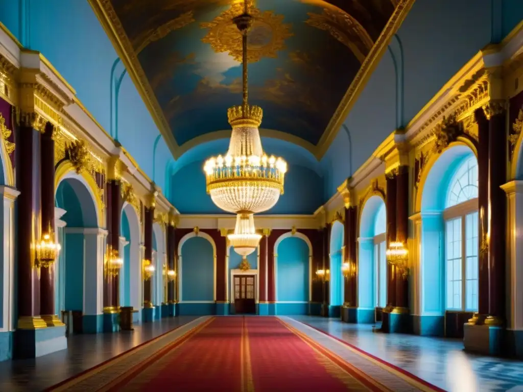 Imponentes salones del Palacio de Invierno en San Petersburgo, con detalles dorados y retratos de los Romanov