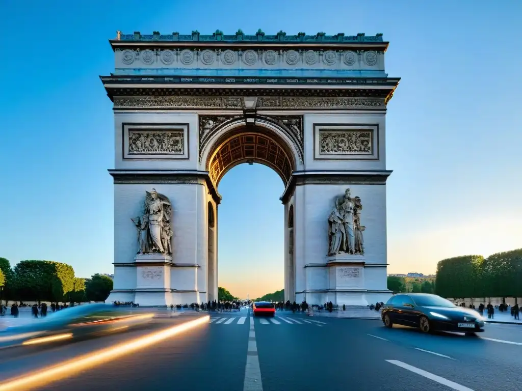 Impresionante Arc de Triomphe al amanecer, detalle dorado revelando secretos