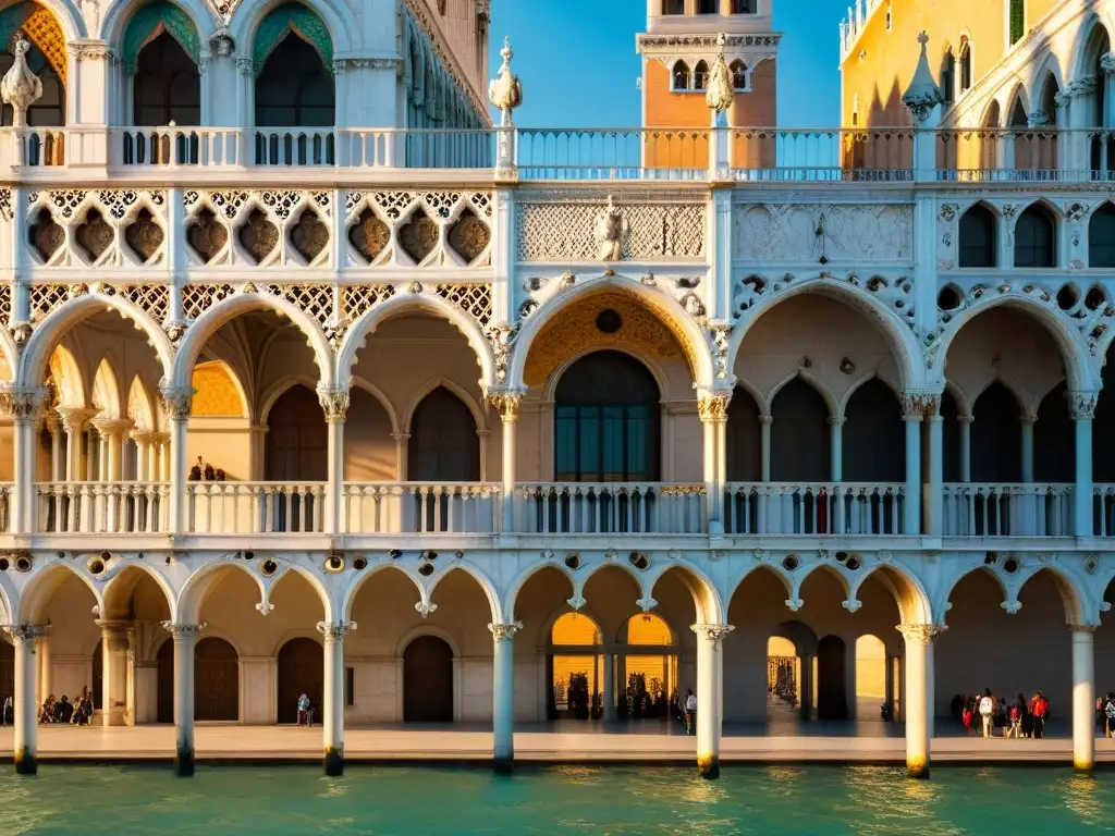 Impresionante arquitectura gótica del Palacio Ducal en Venecia, iluminado por el sol, con turistas admirando