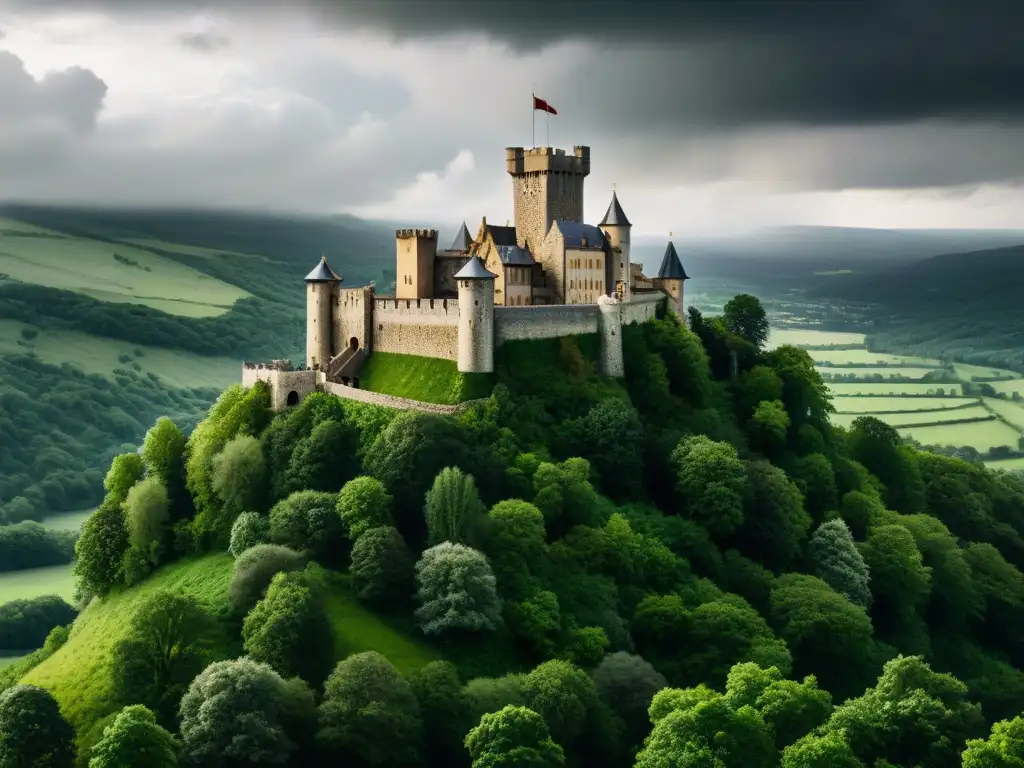 Impresionante castillo medieval rodeado de naturaleza, bajo un cielo tormentoso