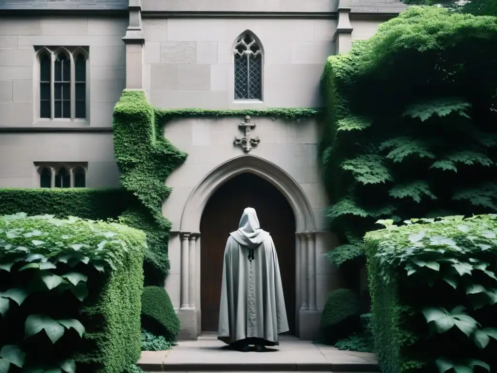 Impresionante foto en blanco y negro de la fachada de la tumba de Skull and Bones en la Universidad de Yale, con una figura solitaria frente a ella