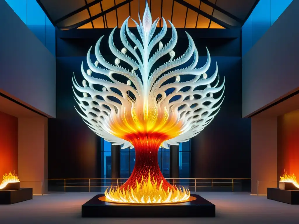 Impresionante instalación de arte simbolizando fuego, con estructura de vidrio y llamas danzantes