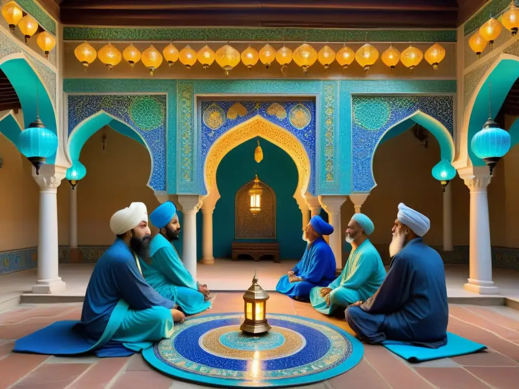 Un impresionante mosaico de Sufis en un patio asiático histórico, con arcos ornamentados y colores vibrantes