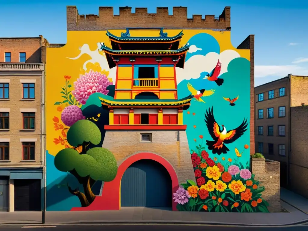 Impresionante mural urbano con símbolos de caos en arte: torre en ruinas, flores y fénix renaciendo