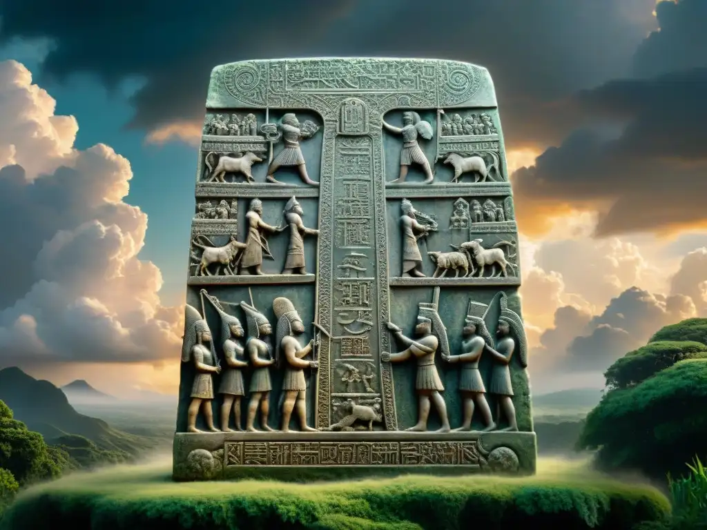 Impresionante tableta de piedra antigua con gigantes y humanos en paisaje místico