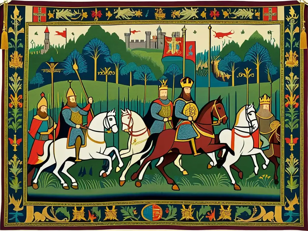 Impresionante tapestry medieval de Rey Arturo y sus caballeros en busca del Santo Grial, con detallados caballeros y paisajes vibrantes