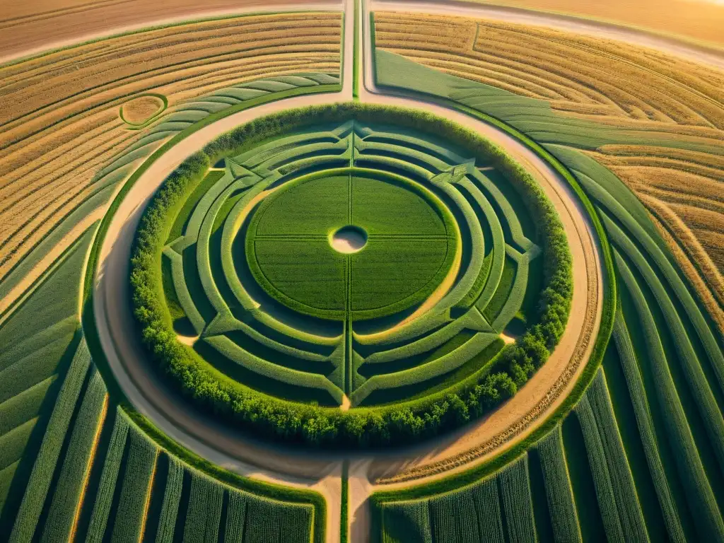 Increíble crop circle alienígena en campo vasto al amanecer, con patrones geométricos y sombras largas