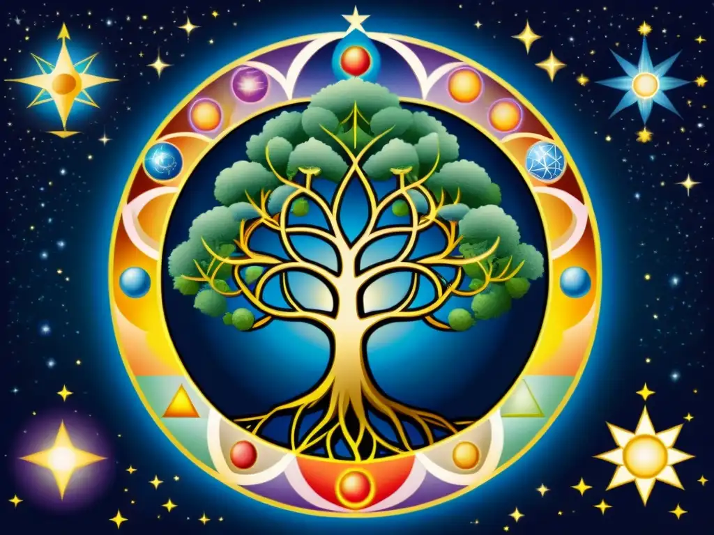 Increíble ilustración del Árbol de la Vida en la tradición de la Kabbalah, con esferas, letras hebreas y símbolos cósmicos