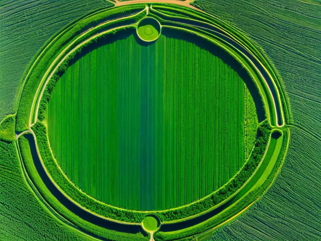 Increíble patrón de crop circles en campo verde bajo cielo azul