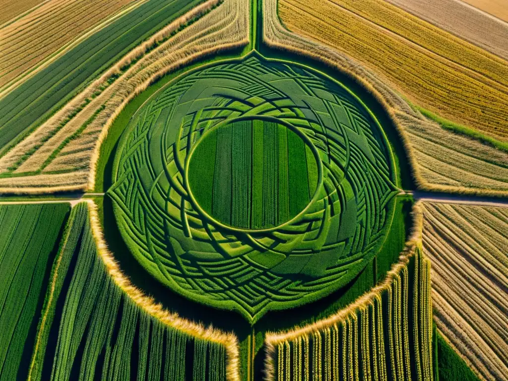 Increíble formación de crop circles en campo de trigo, con intrincados patrones geométricos y simetría, bañados por la luz dorada del sol