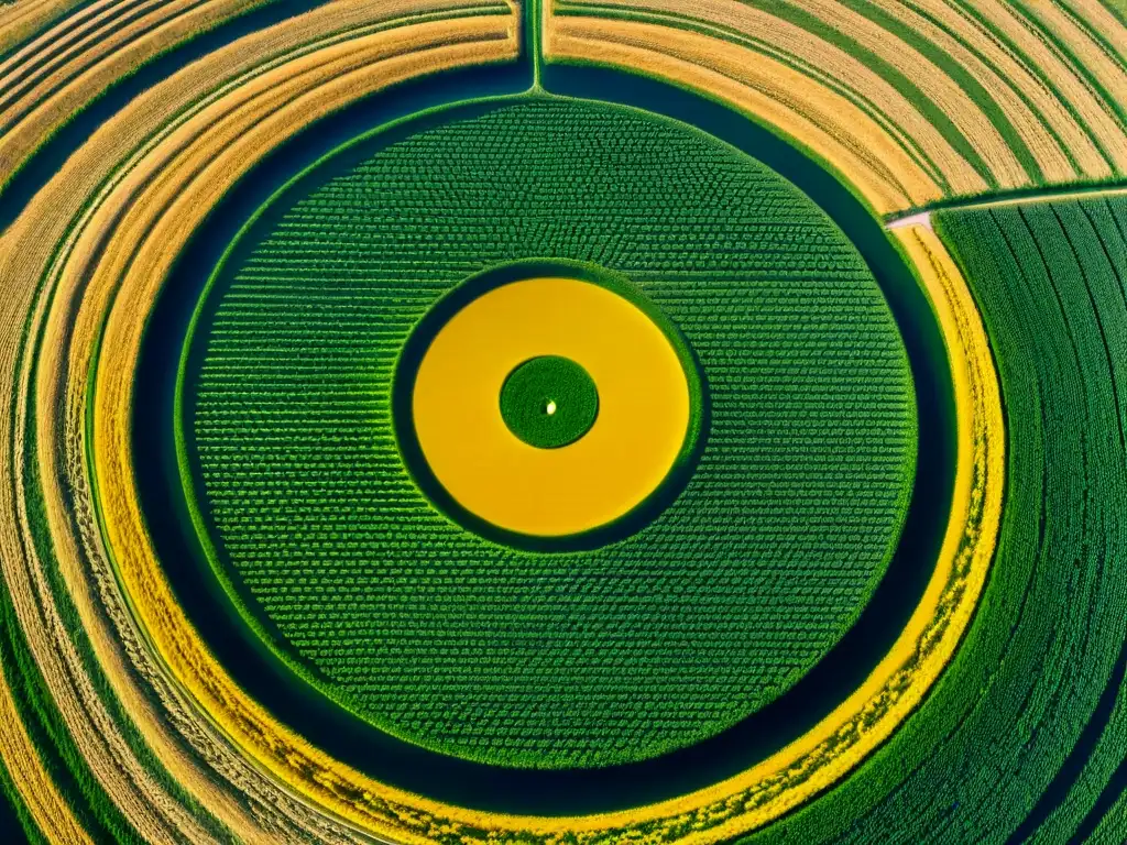 Increíble formación de crop circles en un extenso campo de trigo, revelando su origen y significado con patrones geométricos precisos