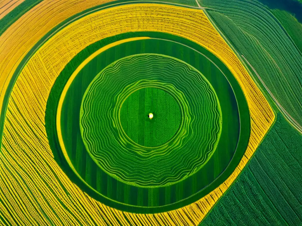 Increíble diseño de crop circles en campo de trigo dorado, resaltando su complejidad y misterio