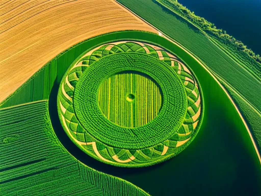 Increíble diseño geométrico en un campo de cultivo, con luz solar y sombras