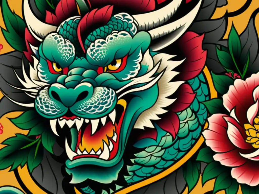 Increíble tatuaje Yakuza: dragón feroz y peonía en vibrantes colores