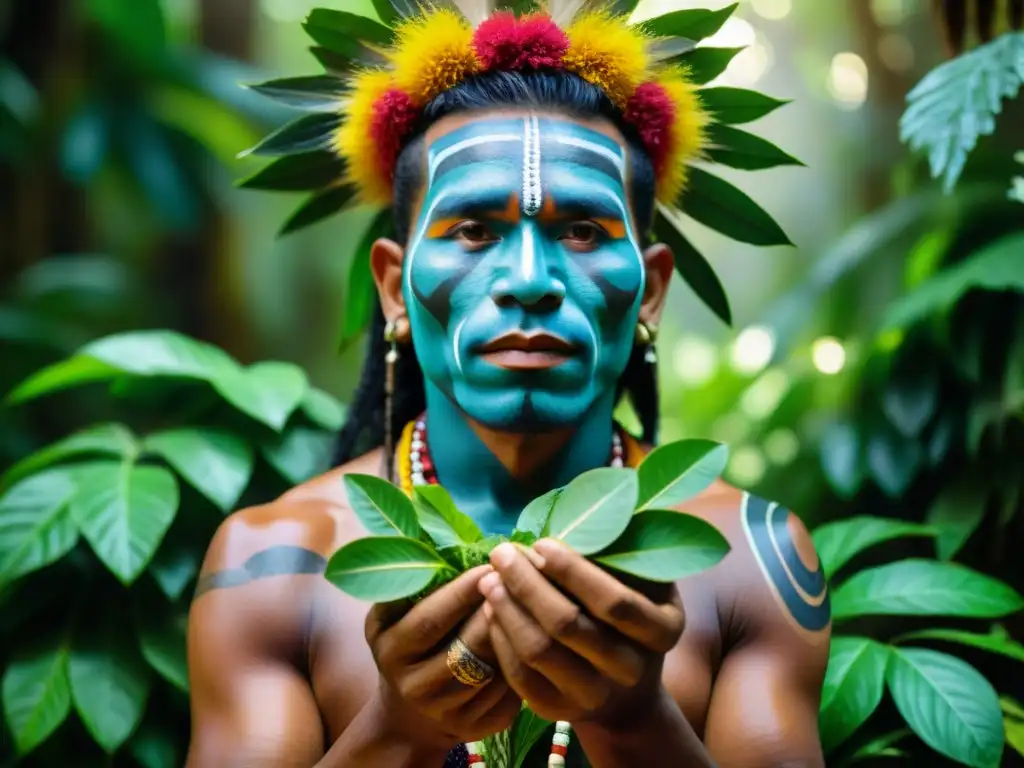 Un chamán indígena sostiene plantas medicinales en sociedades secretas en la selva