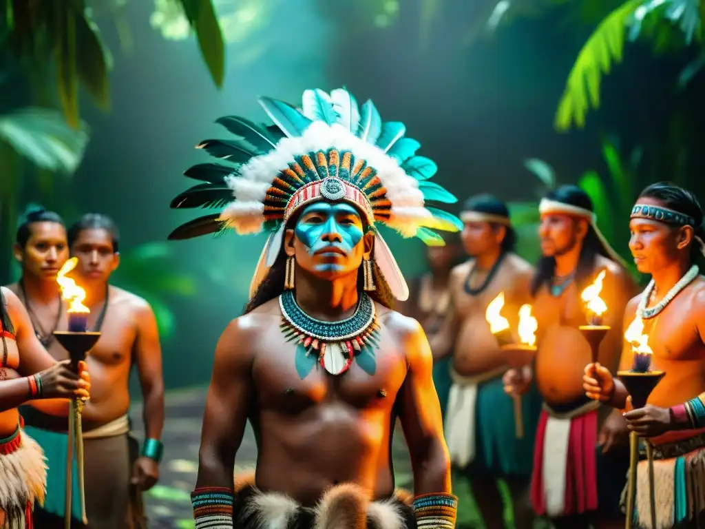 Indígenas en ceremonia precolombina con cantos secretos en la selva ancestral