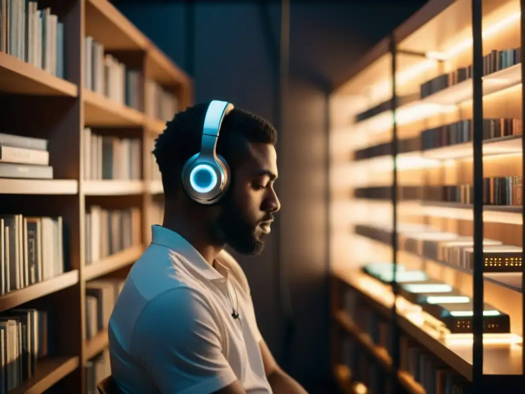 Un individuo concentrado escuchando mensajes subliminales en la música en una habitación oscura llena de libros y una compleja máquina brillante