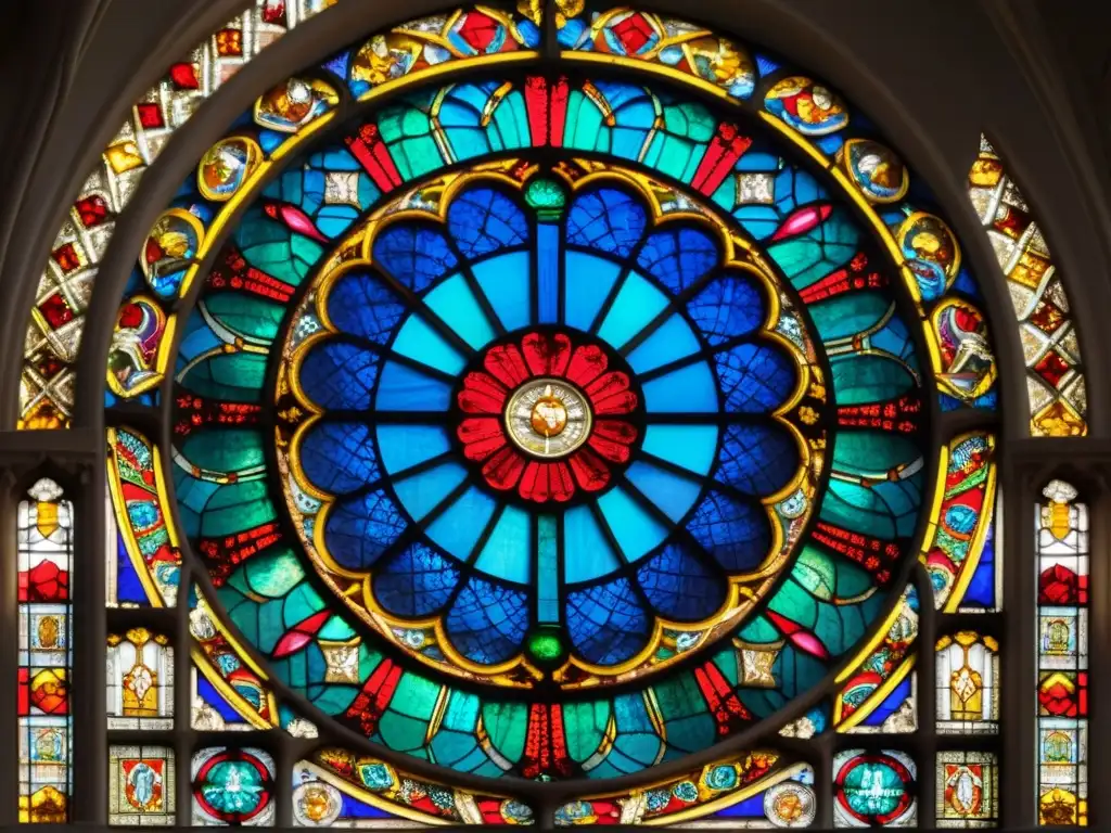 La influencia Rosacruz en arquitectura sagrada se aprecia en la detallada vidriera de la catedral de Chartres, con vibrantes colores y patrones geométricos