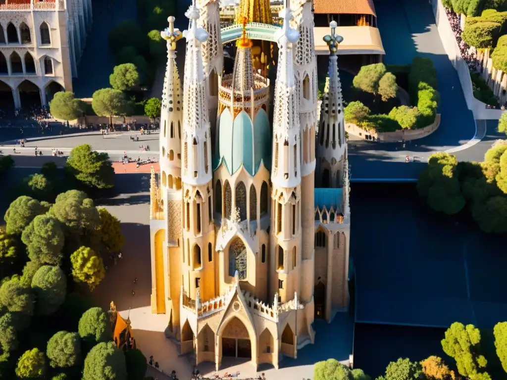 Influencia Rosacruz en arquitectura sagrada: Detalle grandioso de La Sagrada Familia en Barcelona, con luz solar y sombras en su fachada