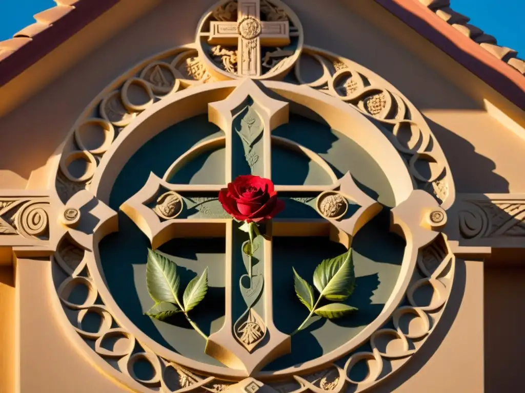 Influencia Rosacruz en arquitectura sagrada: Detalles de símbolos tallados en el centro cultural Rosacruz de California al atardecer