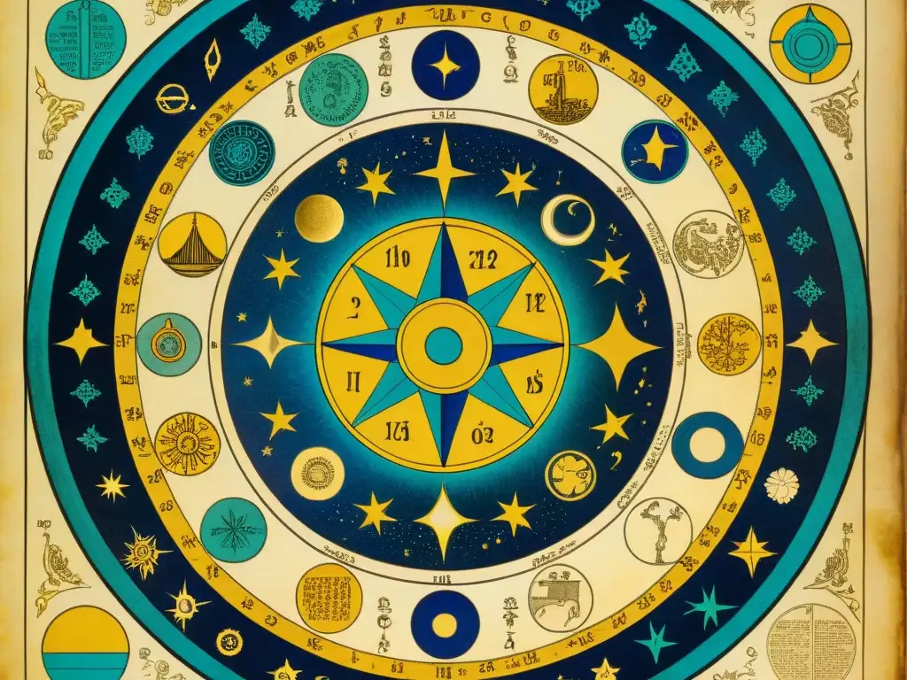 Influencia astrológica en Rosacruz: Detalle de manuscrito antiguo con diagramas celestiales y signos zodiacales en colores vibrantes y hoja de oro