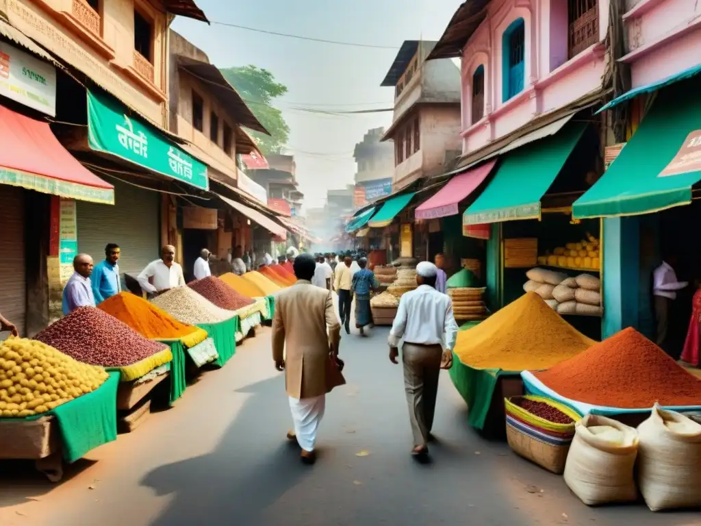 Escena comercial en la India con Chettiars y vibrantes textiles Influencia Chettiars en la economía global: calle bulliciosa con comerciantes intercambiando dinero en una ciudad india