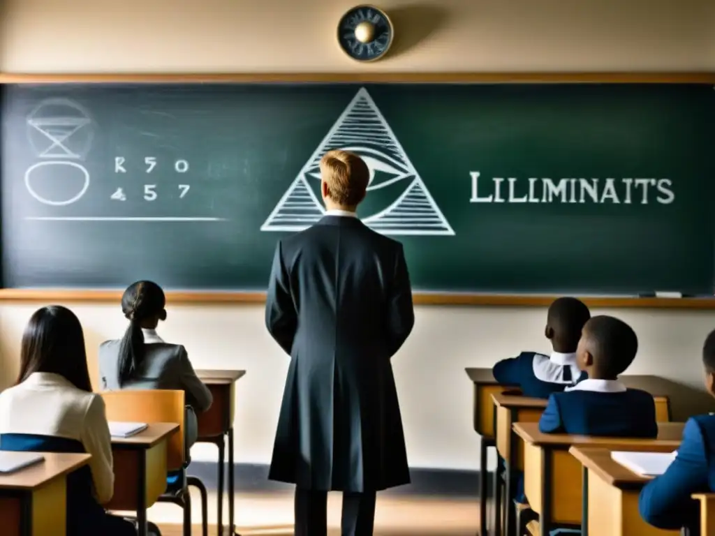 Influencia de los Illuminati en educación: figura enigmática se mimetiza entre estudiantes absortos en misteriosa clase iluminada