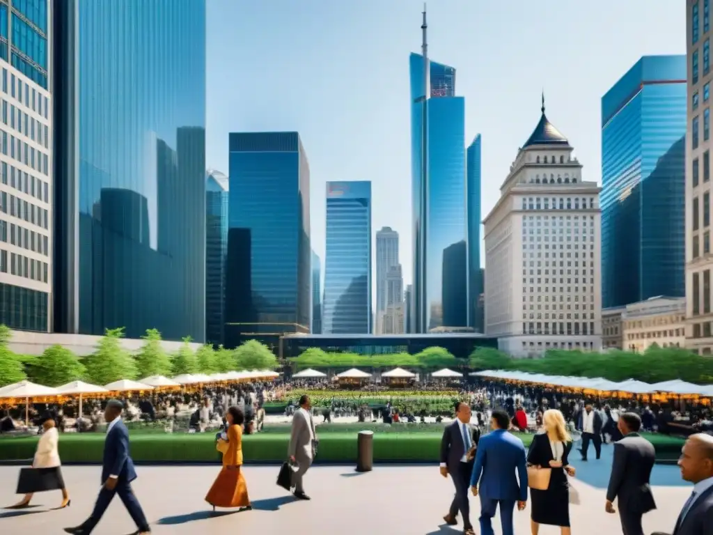 Chettiars: Tradición y modernidad en finanzas globales Influencia Chettiars en la financiación global: escena de bullicioso distrito financiero con mezcla de tradición y modernidad