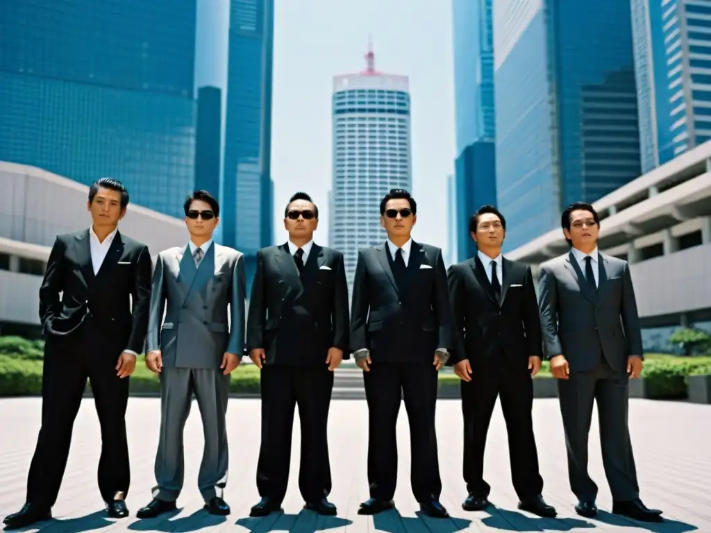 Influencia de los Yakuza actualmente: Grupo de miembros de Yakuza en trajes negros y gafas, frente a un rascacielos en Tokio