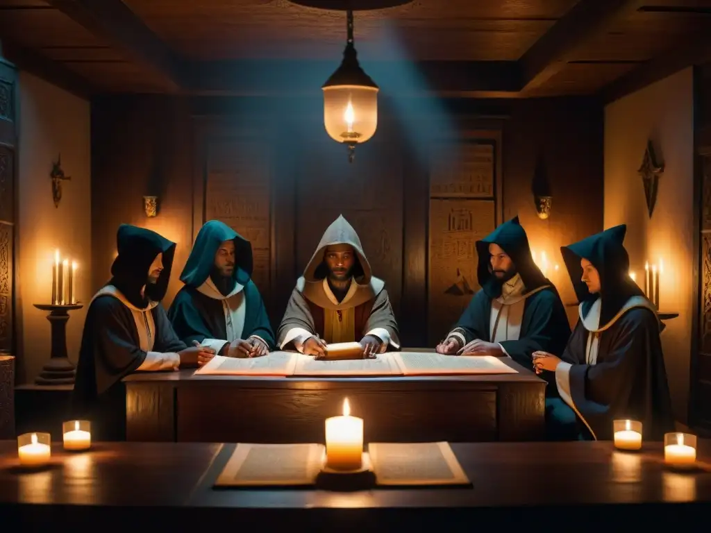 Influencia de los Illuminati en la actualidad: Reunión clandestina iluminada por velas, figuras en capuchas examinando manuscritos misteriosos