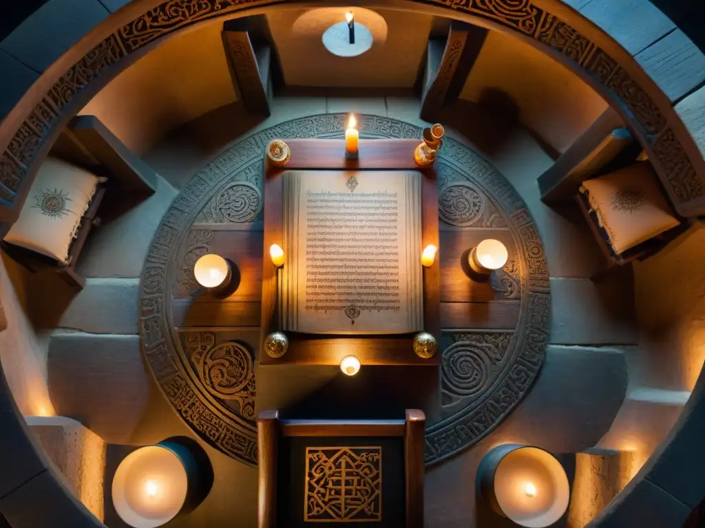 Influencia de los Illuminati en la actualidad: misteriosa cámara secreta iluminada por velas, mesa de piedra y sillas talladas con símbolos antiguos