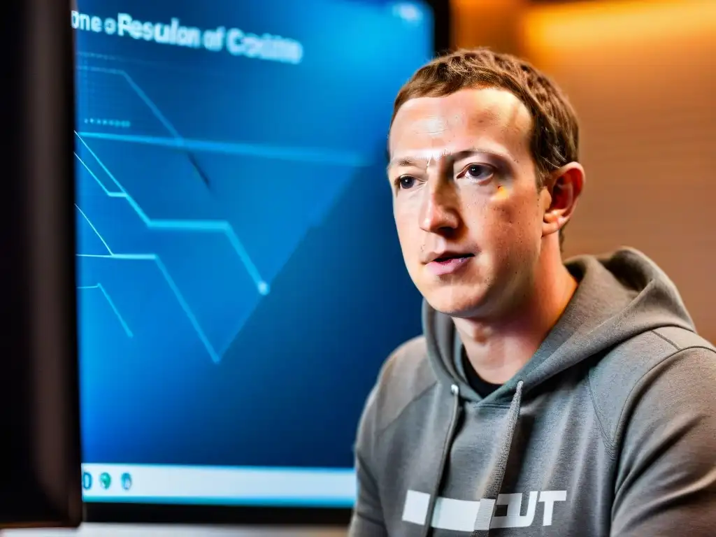 La influencia de los Illuminati en Zuckerberg: Imagen de Mark Zuckerberg concentrado en su oficina, rodeado de pantallas brillantes y código