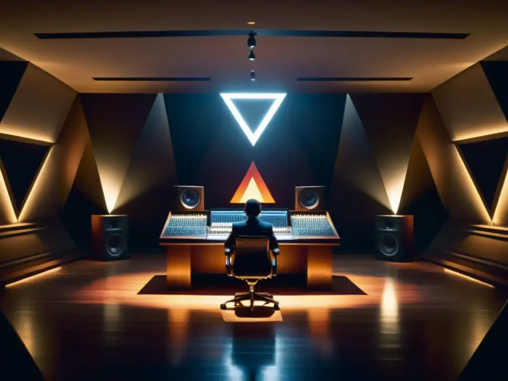 Influencia Illuminati en industria musical: Reunión clandestina en estudio de grabación entre ejecutivos y artistas bajo luces brillantes