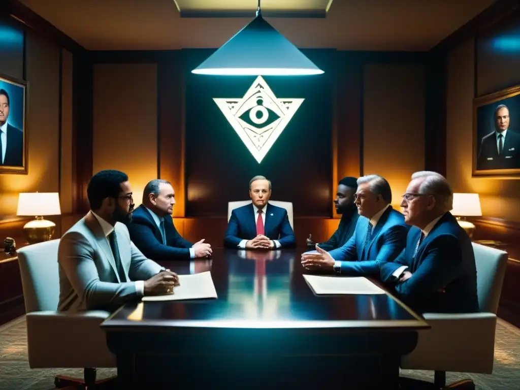 Influencia de los Illuminati en medios: Reunión secreta de magnates de la comunicación en una sala misteriosa y sombría